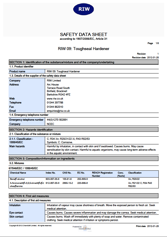 Safety Data Sheets - Technical Downloads | RIW
